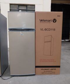 The Volsmart 118L Double Door Refrigerator with LED lighting, 7-level temperature control, two adjustable shelves, an energy-saving compressor, and a secure door lock, designed for efficient and stylish food storage.