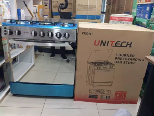 Unitech gas cooker, 5-burner gas cooker, freestanding gas cooker, gas oven, kitchen cooker, gas burners, Unitech kitchen appliances, cooker with grill, cooker with rotisserie, timer gas cooker, gas cooker for Kenyan homes, affordable gas cooker, durable gas cooker, buy cooker online Kenya