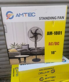 The Amtec 18 Inches AC/DC Standing Fan features dual power options (AC/DC), adjustable height, oscillation, and quiet operation, making it ideal for Kenyan households and off-grid living.