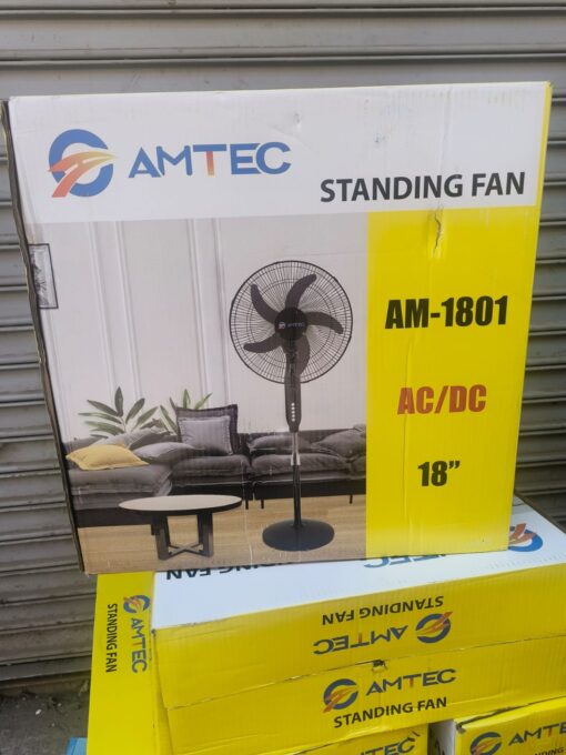 The Amtec 18 Inches AC/DC Standing Fan features dual power options (AC/DC), adjustable height, oscillation, and quiet operation, making it ideal for Kenyan households and off-grid living.