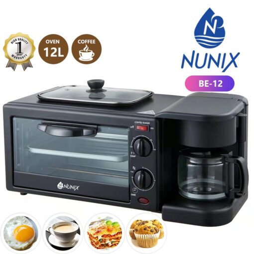 The Nunix 3-in-1 Breakfast Maker features a toaster oven, coffee maker, and griddle, allowing you to prepare toast, coffee, and eggs simultaneously. A space-saving and easy-to-clean kitchen essential.