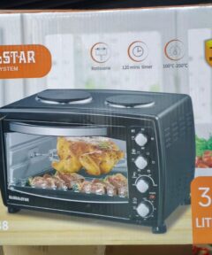 The Globalstar 38 Litres Oven with Rotisserie and Double Hot Plate is a versatile cooking appliance designed for Kenyan kitchens, offering spacious cooking capacity, a rotisserie function, and double hot plates at an affordable price.