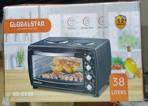 The Globalstar 38 Litres Oven with Rotisserie and Double Hot Plate is a versatile cooking appliance designed for Kenyan kitchens, offering spacious cooking capacity, a rotisserie function, and double hot plates at an affordable price.