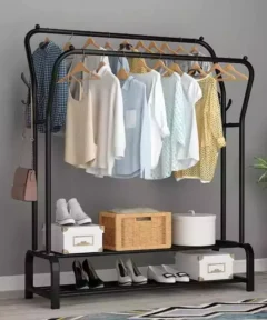 Double Pole Clothing Rack with Shoe Shelf – Sturdy, space-saving clothes organizer available in Kenya at Jesoko.com.