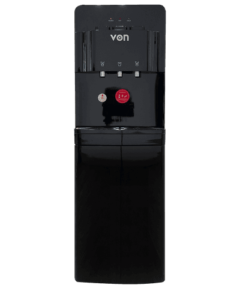 Von 3-Tap Hot, Cold, and Normal Water Dispenser in black with top loading design and storage cabinet