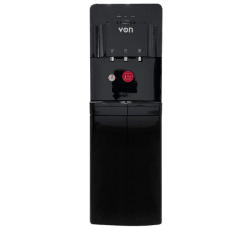 Von 3-Tap Hot, Cold, and Normal Water Dispenser in black with top loading design and storage cabinet