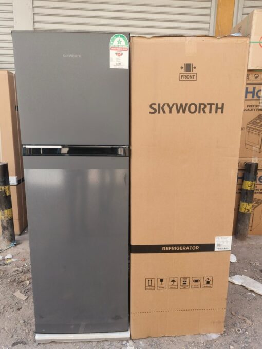 Skyworth 280L Double Door No Frost Refrigerator with spacious storage, advanced cooling technology, and energy-efficient performance for modern kitchens.