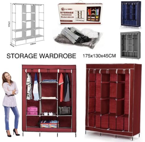 Metallic 3-column wardrobe with a sturdy steel frame, spacious storage compartments, and a sleek modern design for home organizatio