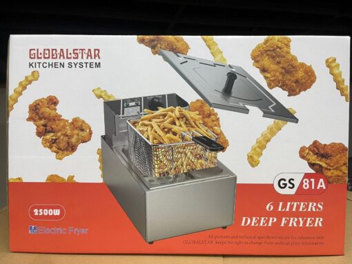 A 6-litre Globalstar single deep fryer with a stainless steel body, removable frying basket, and temperature control knob.