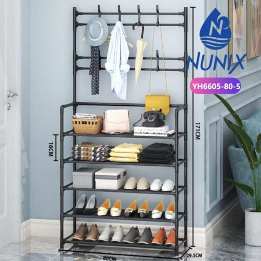 The Nunix All-In-1 Shoe Rack and Coat Hanger, featuring a sturdy metal frame, 5-tier storage, and 8 removable hooks, perfect for hallways, bedrooms, and entryways.