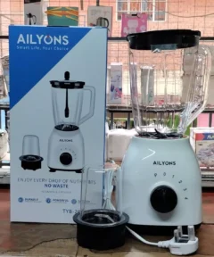 High-quality Ailyons 2-in-1 blender featuring a 1.5L plastic jar, durable stainless steel blades, a 2-speed motor with pulse function, and a built-in grinder. Ideal for blending smoothies, soups, and grinding spices. Available on Jesoko.com.