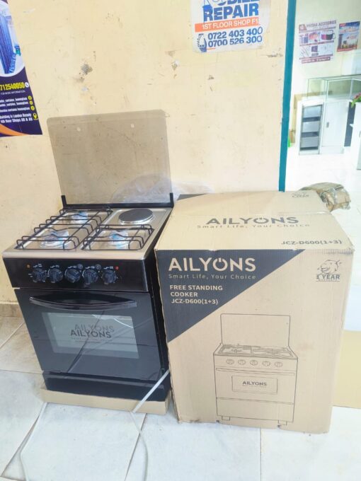 Ailyons 60x60 3+1 Standing Cooker with 3 gas burners, 1 electric plate, and an electric oven with grill and rotisserie. Features auto ignition, oven lamp, and double glass oven door for modern kitchens in Kenya.