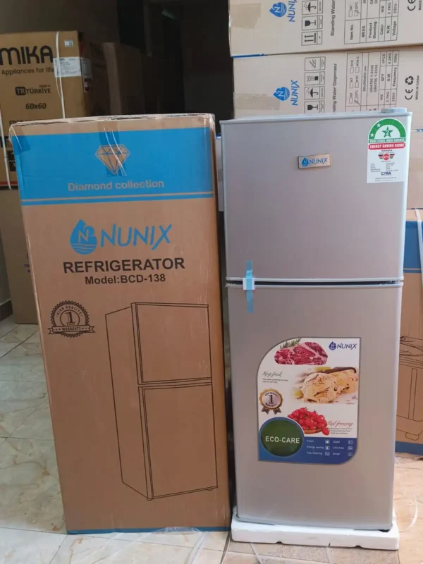 Nunix 138L Double Door Refrigerator – Silver, energy-efficient fridge with freezer, available in Kenya at Jesoko.com