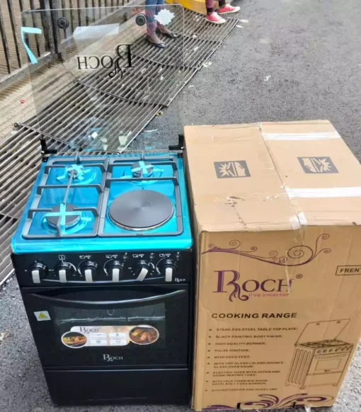 Roch 50×55 cooker, 3+1 jet standing cooker, electric oven cooker, gas cooker Kenya, standing cooker Kenya, versatile cooking appliance, modern kitchen cooker, energy-efficient cooker, push-button ignition cooker, oven with lamp, durable standing cooker, home cooking solution, kitchen appliances Kenya, buy cooker online, Jesoko Kenya.