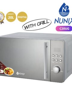 The 20 Litres Nunix Digital Microwave with Grill features a sleek design, 1200W input power, glass turntable, and six power levels, making it perfect for versatile cooking in modern kitchens.