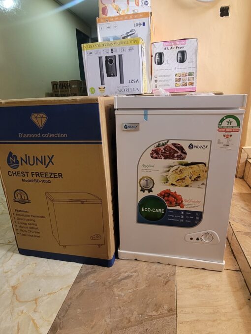 The Nunix 100L Deep Freezer with direct cooling, an adjustable thermostat, manual defrost, and a flip-top design, ensuring energy-efficient food storage for homes and businesses.