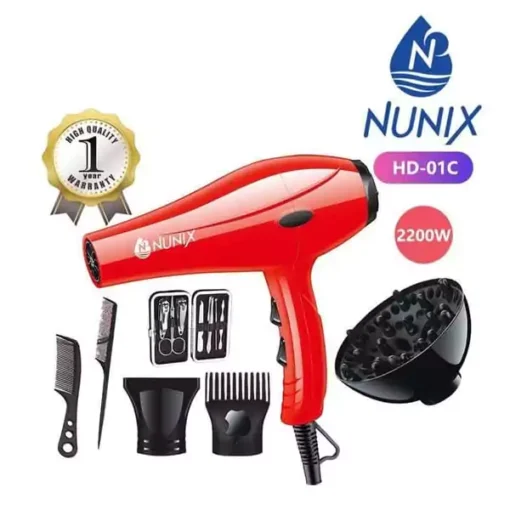 Nunix 2200W Blow Dry Hair Dryer with ultra-thin concentrator, 2 speed and 3 heat settings, and overheating protection.