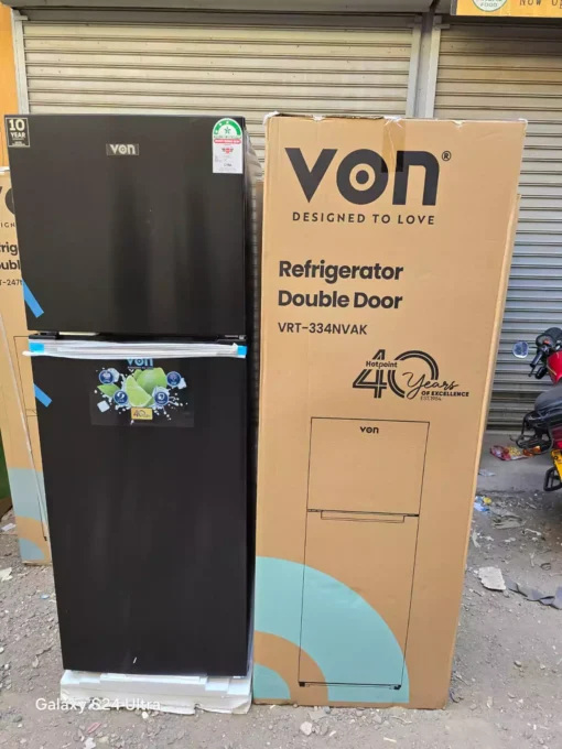 Von 334L No Frost Double Door Refrigerator with inverter compressor, chiller compartment, toughened glass shelves, and LED lighting – available at Jesoko.com.