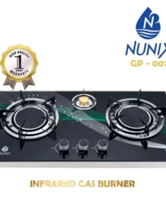 Nunix 3 Burner Low Gas Consumption Glass Top Cooker with auto ignition, stainless steel body, and energy-efficient burners