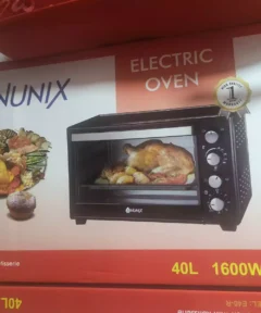 Nunix 92L Refrigerator and 40L Electric Rotisserie Oven with rotisserie and convection functions, adjustable thermostat, and stainless steel finish.