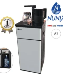 Nunix A1 Bottom Load Hot and Normal Water Dispenser - Silver, with hot, cold, and room temperature water faucets, energy-efficient design, child safety lock, and LED indicators.