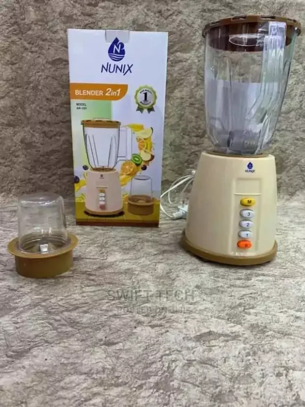 Nunix AK-100 2-in-1 blender with grinding machine, 1.5L capacity, quad blades, and high-quality motor. Available in Kenya at Jesoko.com.