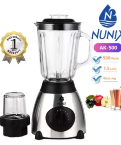 The Nunix AK-500 Powerful 2-in-1 Blender combines efficiency and durability with a 500W motor, 1.5L glass jar, and stainless steel blades for smooth blending. It features 5 speed settings, a pulse function, an in-built grinder, and overheat protection, making it perfect for smoothies, juices, and grinding spices. Get yours today at Jesoko.com for the best deals on quality kitchen appliances.