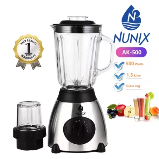 The Nunix AK-500 Powerful 2-in-1 Blender combines efficiency and durability with a 500W motor, 1.5L glass jar, and stainless steel blades for smooth blending. It features 5 speed settings, a pulse function, an in-built grinder, and overheat protection, making it perfect for smoothies, juices, and grinding spices. Get yours today at Jesoko.com for the best deals on quality kitchen appliances.