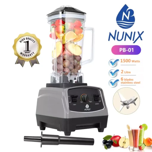 Nunix Commercial Blender with 2L capacity, 1500W motor, copper cutting blades, and three-speed settings for efficient blending.
