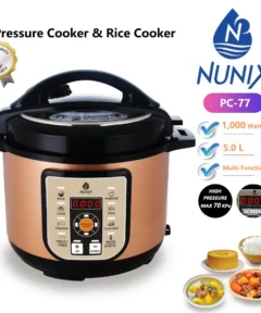 Nunix PC-77 Electric Pressure Cooker 5L, multi-function cooker with 1000W power, 24-hour preset timer, keep-warm function, and 9 safety guards.