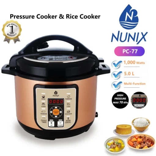 Nunix PC-77 Electric Pressure Cooker 5L, multi-function cooker with 1000W power, 24-hour preset timer, keep-warm function, and 9 safety guards.