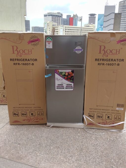 Roch 128L Double Door Refrigerator with 3D cooling, deodorizer, toughened glass shelves, and energy-saving technology, perfect for modern kitchens in Kenya.