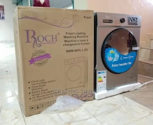 Roch 6kg Front Load Automatic Washing Machine with 10 wash programs, 1000 RPM spin speed, Hygiene Pro system, and energy-efficient A+++ rating.
