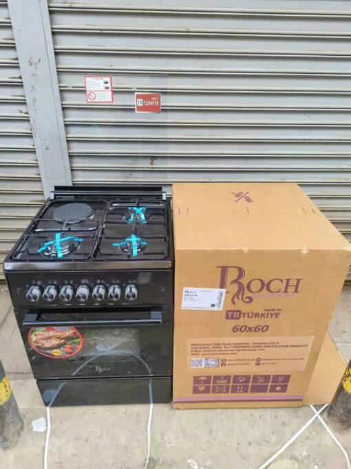 Roch Black 60×60 Standing 3+1 Cooker, 60×60 standing cooker, gas and electric cooker, Roch cooker Kenya, 3 gas burners 1 hot plate, electric oven with rotisserie, modern kitchen cooker, push-button ignition cooker, oven with lamp, mechanical timer cooker, durable standing cooker, energy-efficient cooker, home cooking solution, kitchen appliances Kenya, buy cooker online, Jesoko Kenya, Aston Villa vs Chelsea, cook while watching football, best cookers for game night, match day cooking appliances.