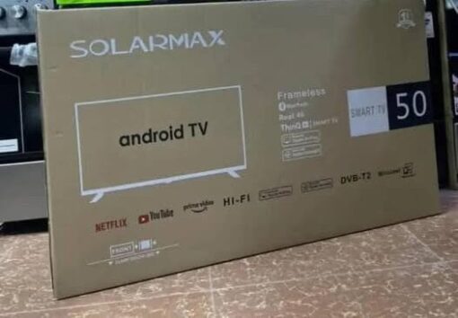 SolarMax 50-Inch Smart Android TV with Full HD LED display, Android 9.0 OS, built-in Wi-Fi, and Bluetooth connectivity, available at Jesoko.com