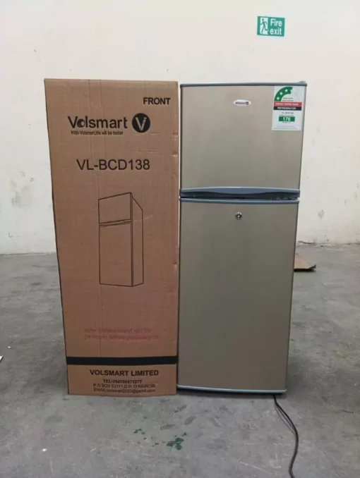 Volsmart refrigerator, 138 liters fridge, double door fridge, top freezer refrigerator, adjustable shelves fridge, kitchen refrigerator, fridge with crisper, interior light refrigerator, fridge with lock and key, energy-efficient fridge, refrigerator for Kenyan homes, stylish refrigerator, buy fridge online Kenya