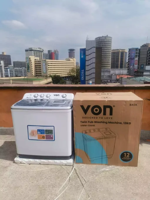 Von 13kg Twin Tub Washing Machine in white with transparent lid, dual wash and spin, and energy-efficient design