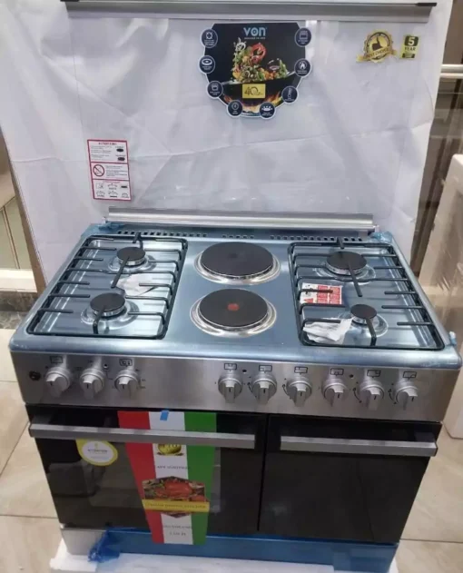 Von 60x90 4+2 Standing Cooker, gas and electric cooker, standing cooker Kenya, gas cooker with electric oven, kitchen cooker, 4 gas burners, electric hotplates, double door oven, flame failure safety device, easy-to-clean cooker, cooking appliance Kenya, energy-efficient cooker, Jesoko.com, affordable kitchen appliances, reliable standing cooker, oven with 6 functions, adjustable feet cooker