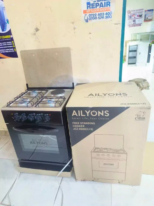Ailyons 60x60 3+1 Standing Cooker with gas burners, electric plate, and built-in oven, available in Kenya at Jesoko.com