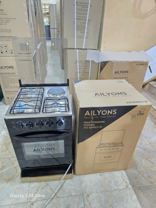 Ailyons 50x55 3+1 standing cooker with 3 gas burners, 1 electric plate, and a built-in oven