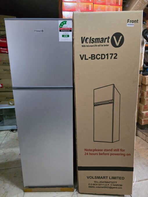Silver Volsmart 108-litre double door refrigerator with top freezer and compact design.