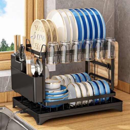 Classy 2-Tier Stainless Steel Dish Drying Rack with Utensil Holder and Drip Tray – Kitchen Organizer in Kenya