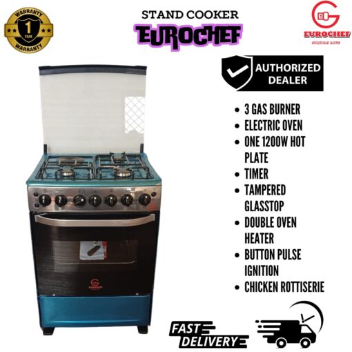 Eurochef 60x65 Free Standing Cooker with 3 Gas Burners, 1 Electric Plate, and Electric Oven – Kenya